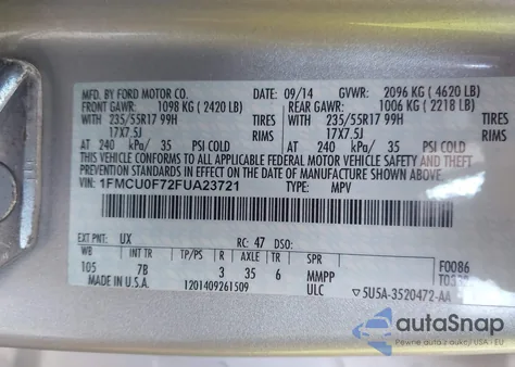 2015 Ford Escape S из США, поврежденный, VIN 1FMCU0F72FUA23721